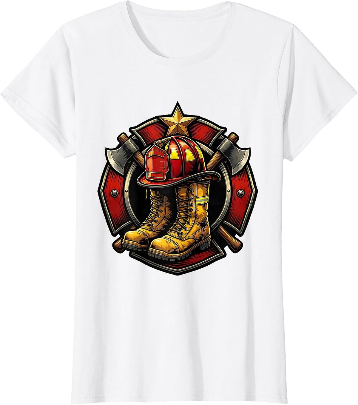 Firefighter Helmet and Boots Memorial Tribute Graphic T-Shirt - White