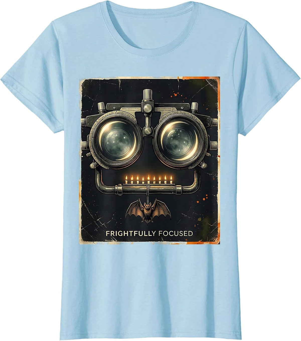 Women's Frightfully Focused Distressed Halloween Optometrist Eye T-Shirt - Baby Blue