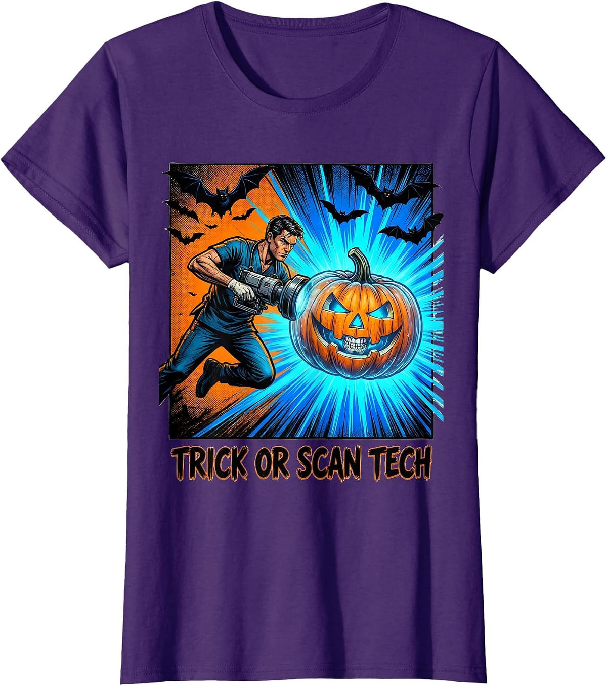 Women's Trick Or Scan Tech Comic Book Radiologic Technologist T-Shirt - Purple