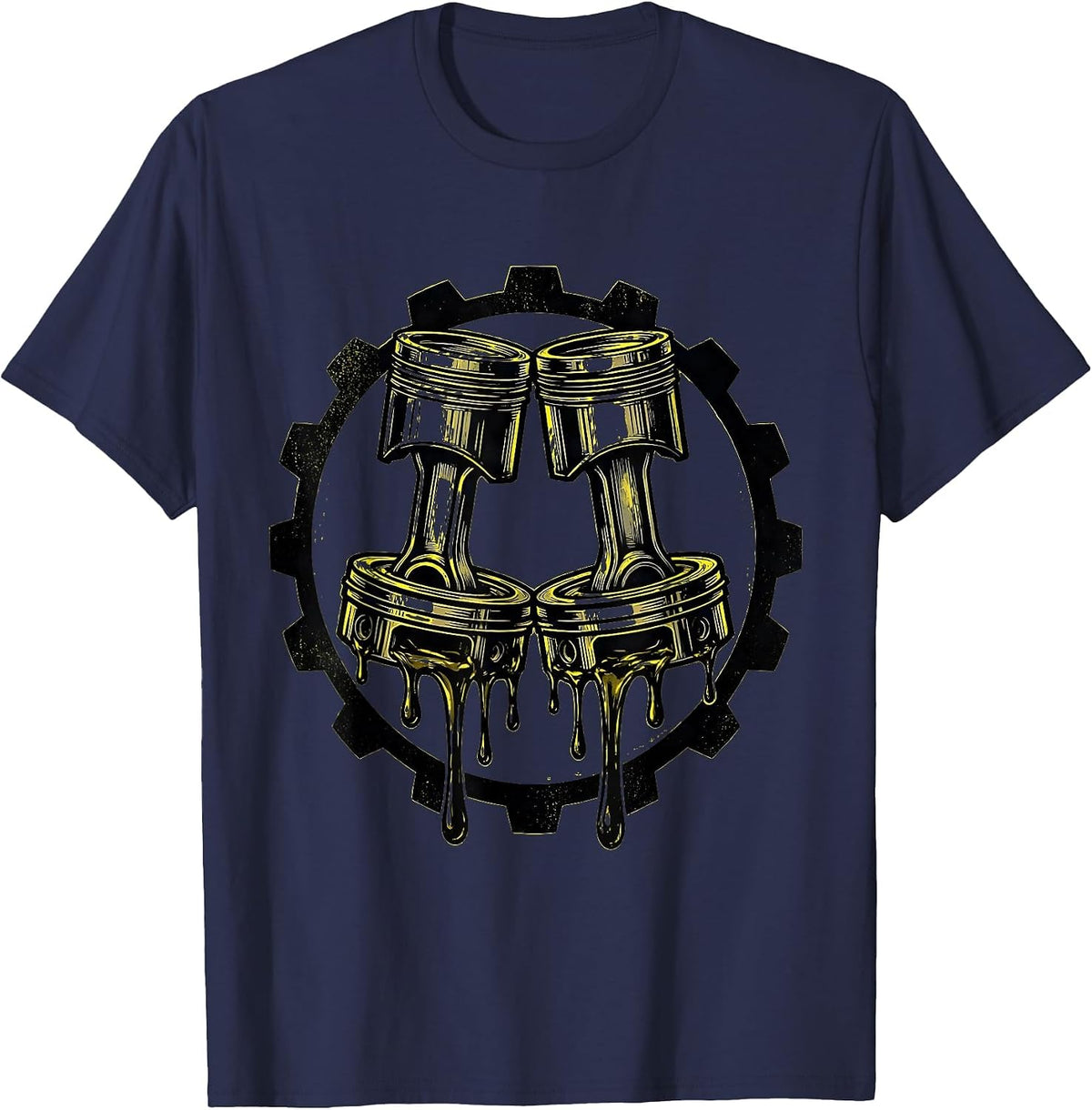Oil-Dripping Pistons Symmetrical Engine Art T-Shirt - Navy Blue
