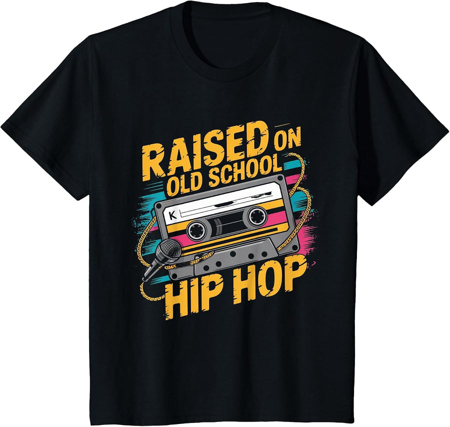 Raised ON Old School Hip HOP Tshirt Cassette Graffiti Rap T-Shirt - Black