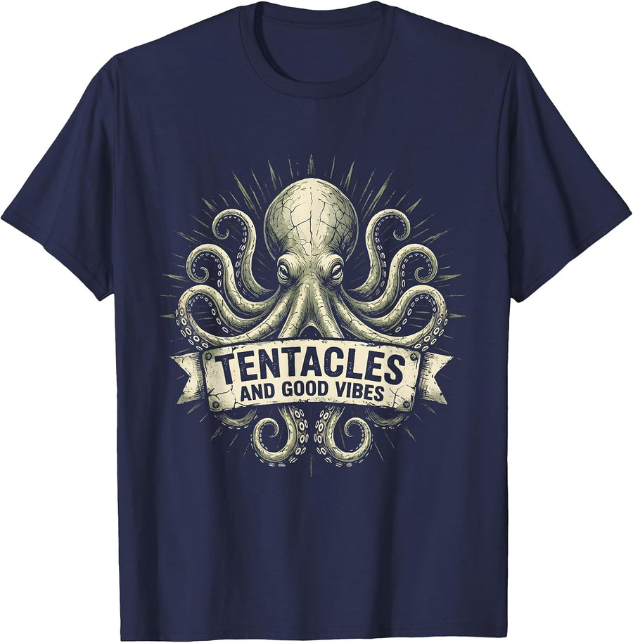 Tentacles And Good Vibes Octopus Design T-Shirt - Navy Blue