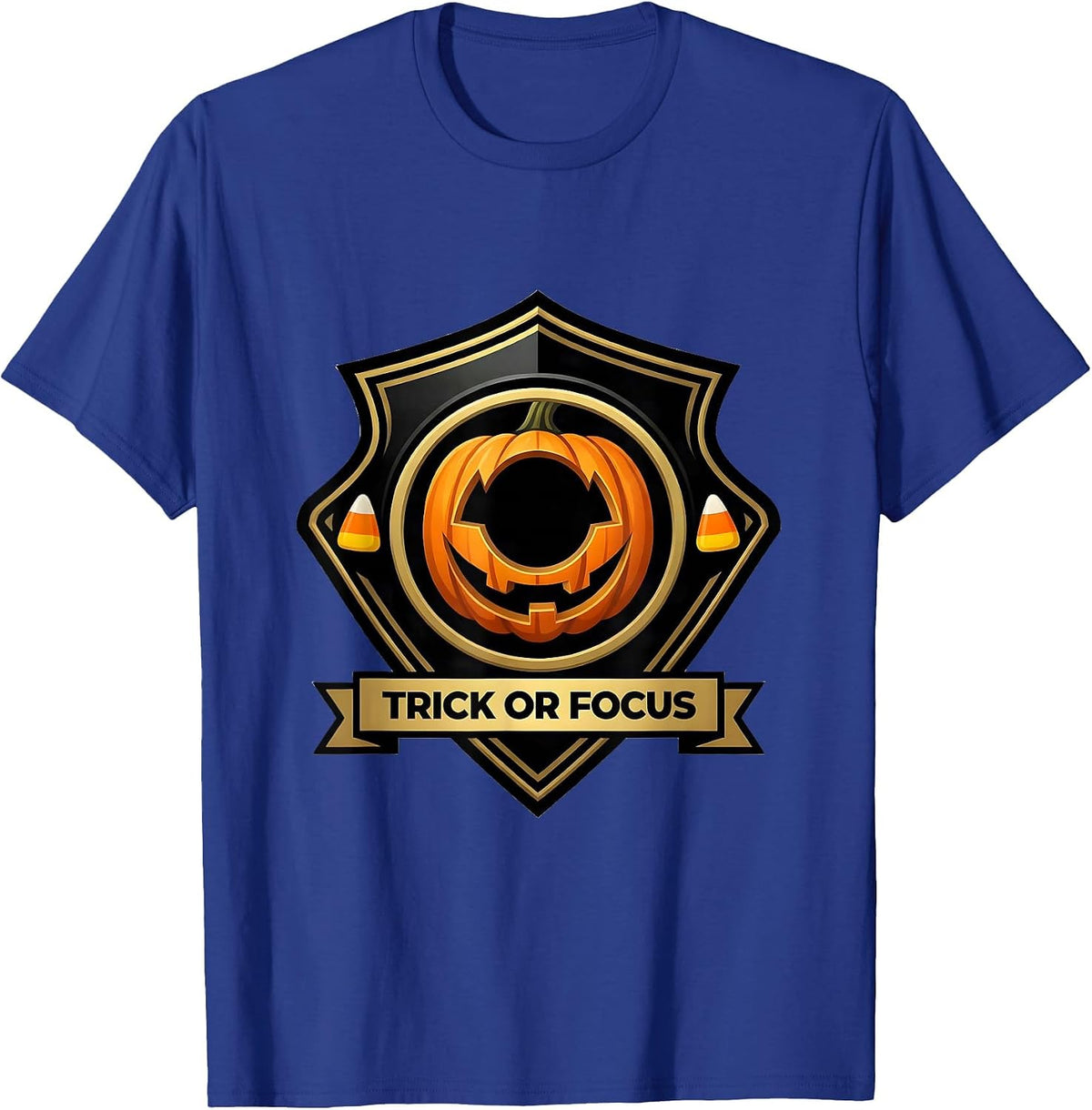 Men's Trick or Focus Emblem Funny Optometrist Halloween Eye Doctor T-Shirt - Royal Blue
