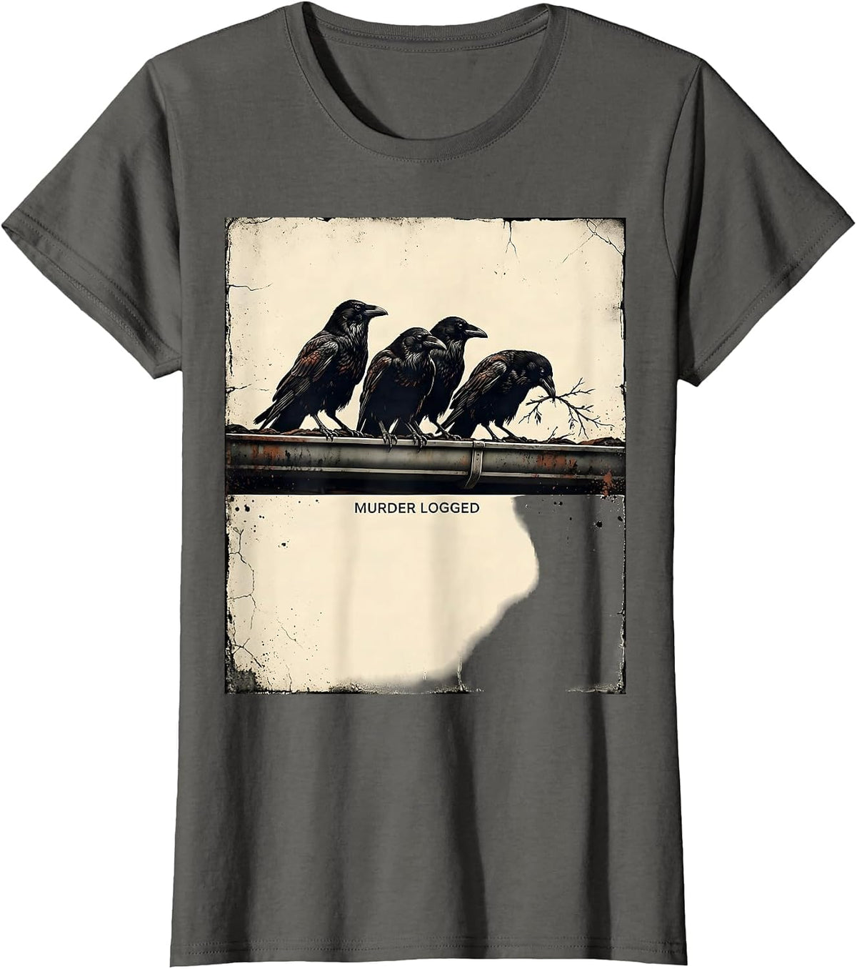 Women's Murder Logged Distressed Crow Gothic Bird Lover Dark Humor T-Shirt - Asphalt Grey