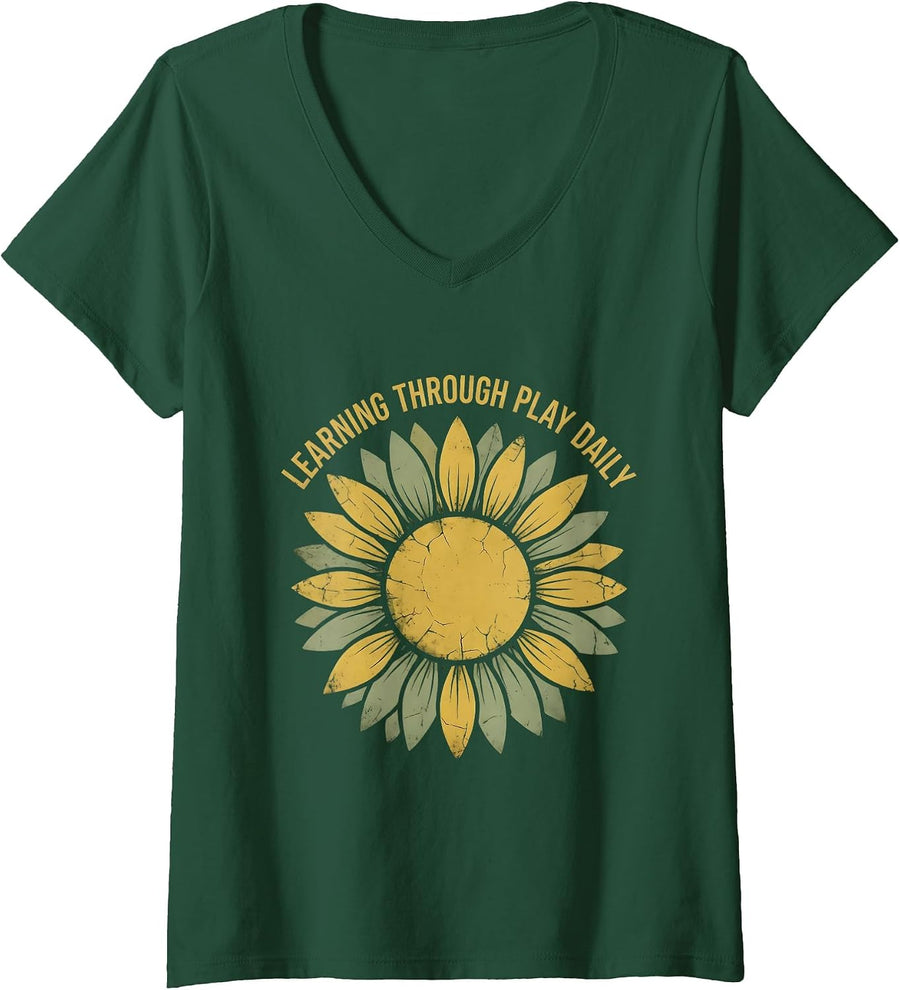 Women's Learning Through Play Daily Pre-K Design V-Neck T-Shirt - Dark Green