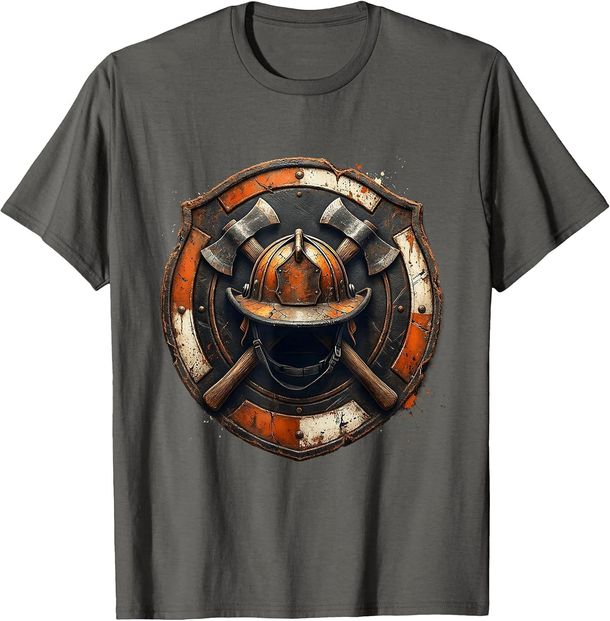 Vintage Fire Helmet Crossed Axes Firefighter Design T-Shirt - Asphalt Grey