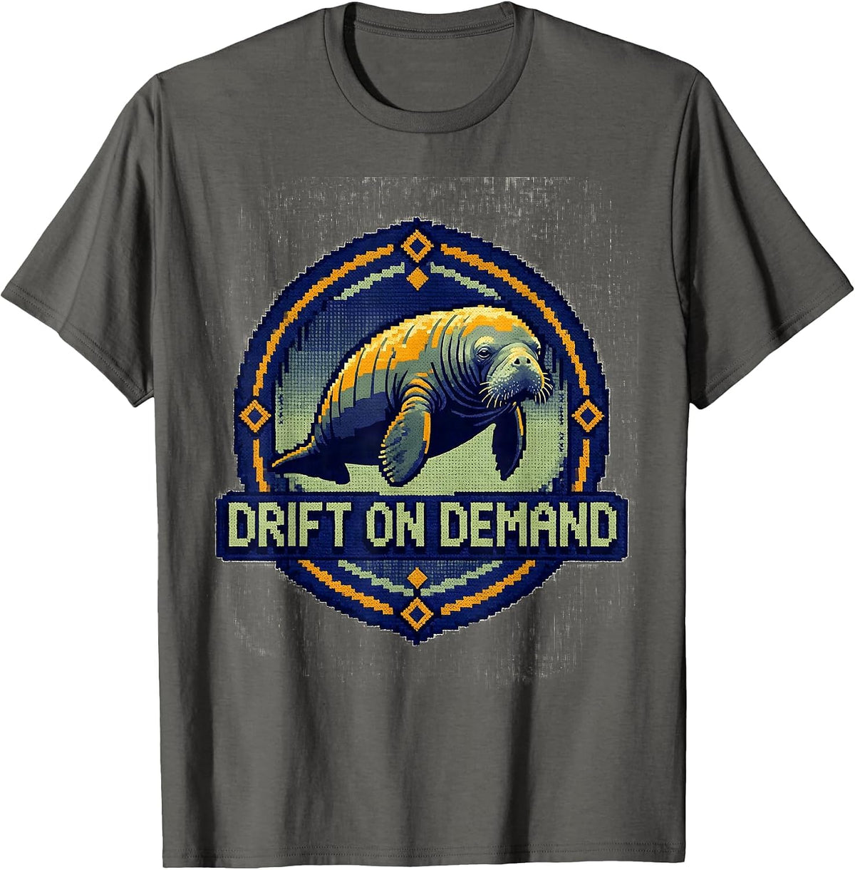 Men's Drift On Demand Cross Stitch Sampler Manatee Lover Humor T-Shirt - Asphalt Grey