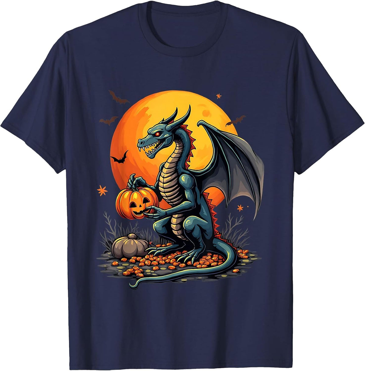 Dragon Halloween Dragon Pumpkin Costume Spooky Men Women Kid T-Shirt - Navy Blue