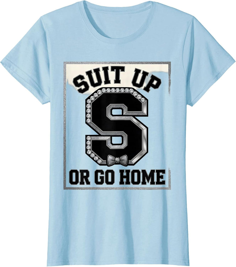 Women's Suit Up Or Go Home Tuxedo Graphic Design T-Shirt - Baby Blue
