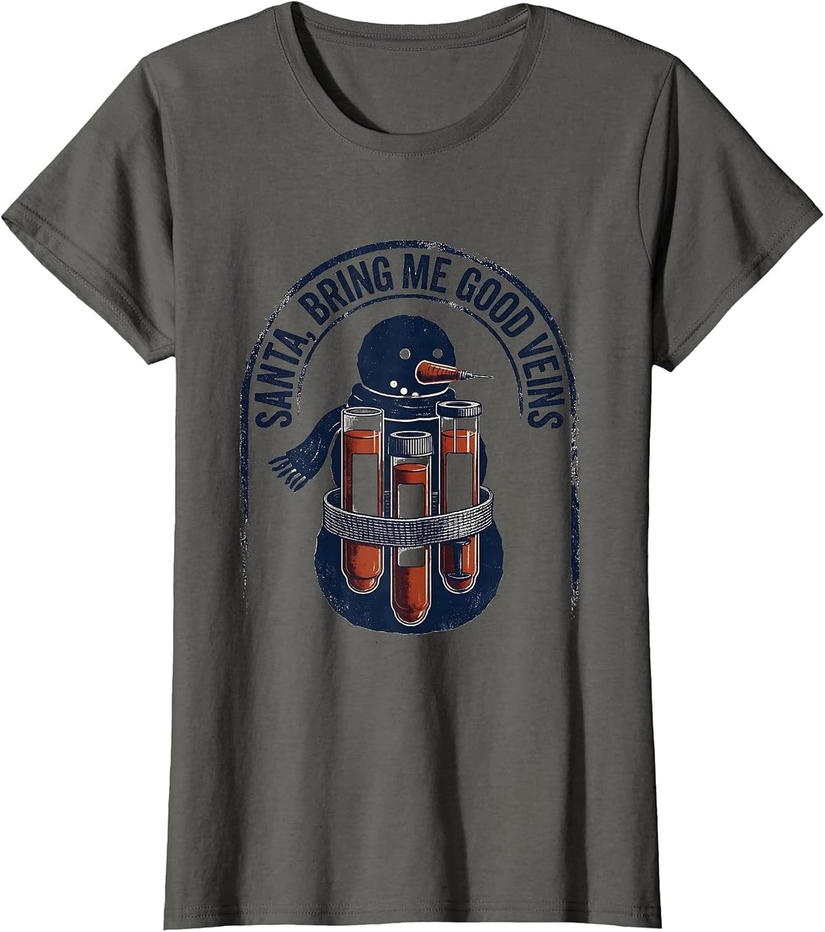Women's Santa Bring Me Good Veins Rubber Stamp Phlebotomist T-Shirt - Asphalt Grey