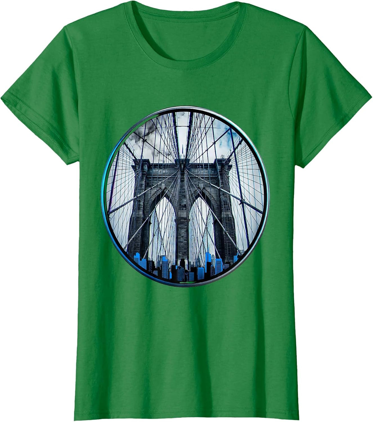 Brooklyn Bridge Foggy Skyline Illustration T-Shirt - Kelly Green