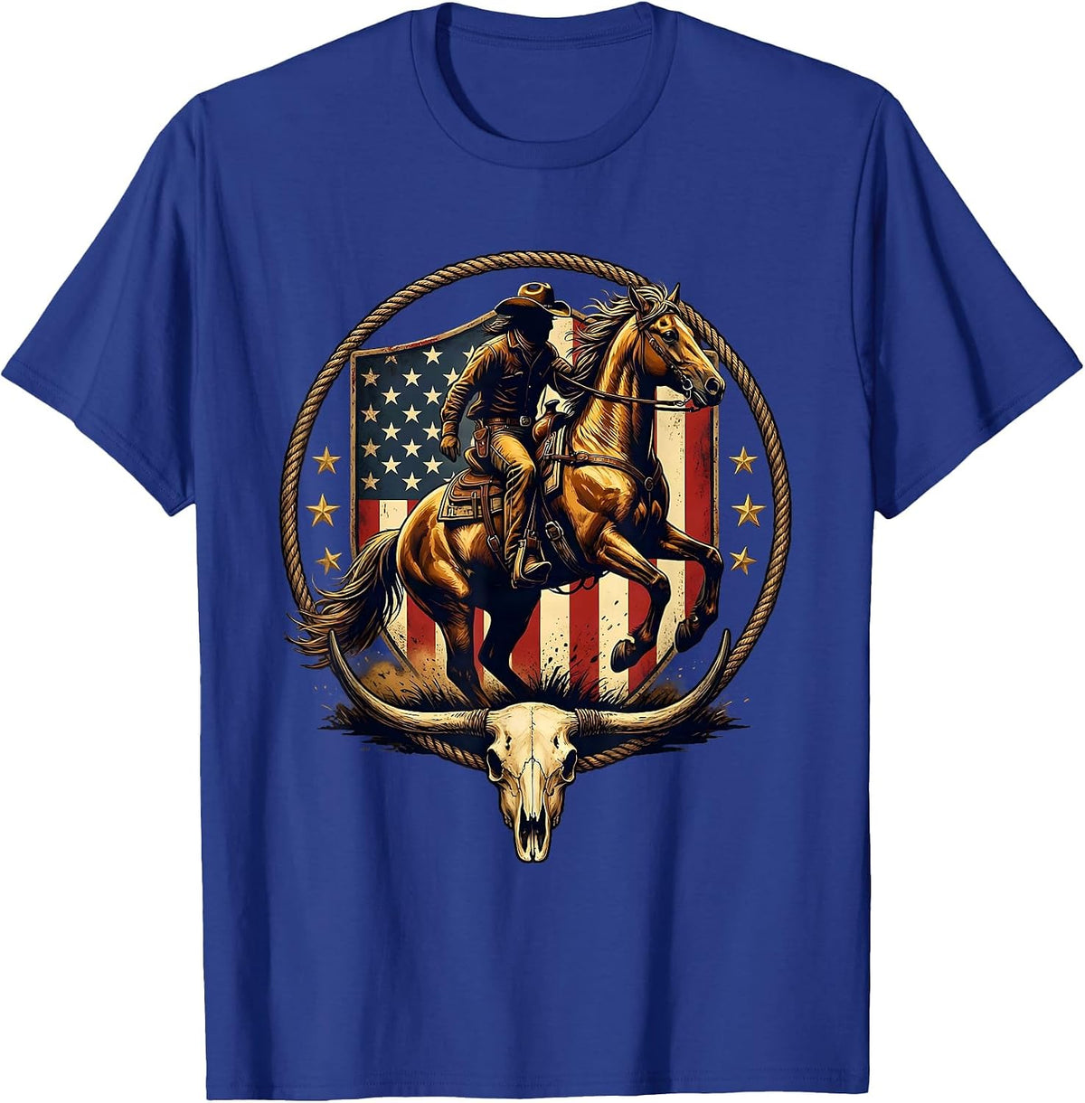 Cowboy Riding Horse at Sunset Western Design T-Shirt - Royal Blue