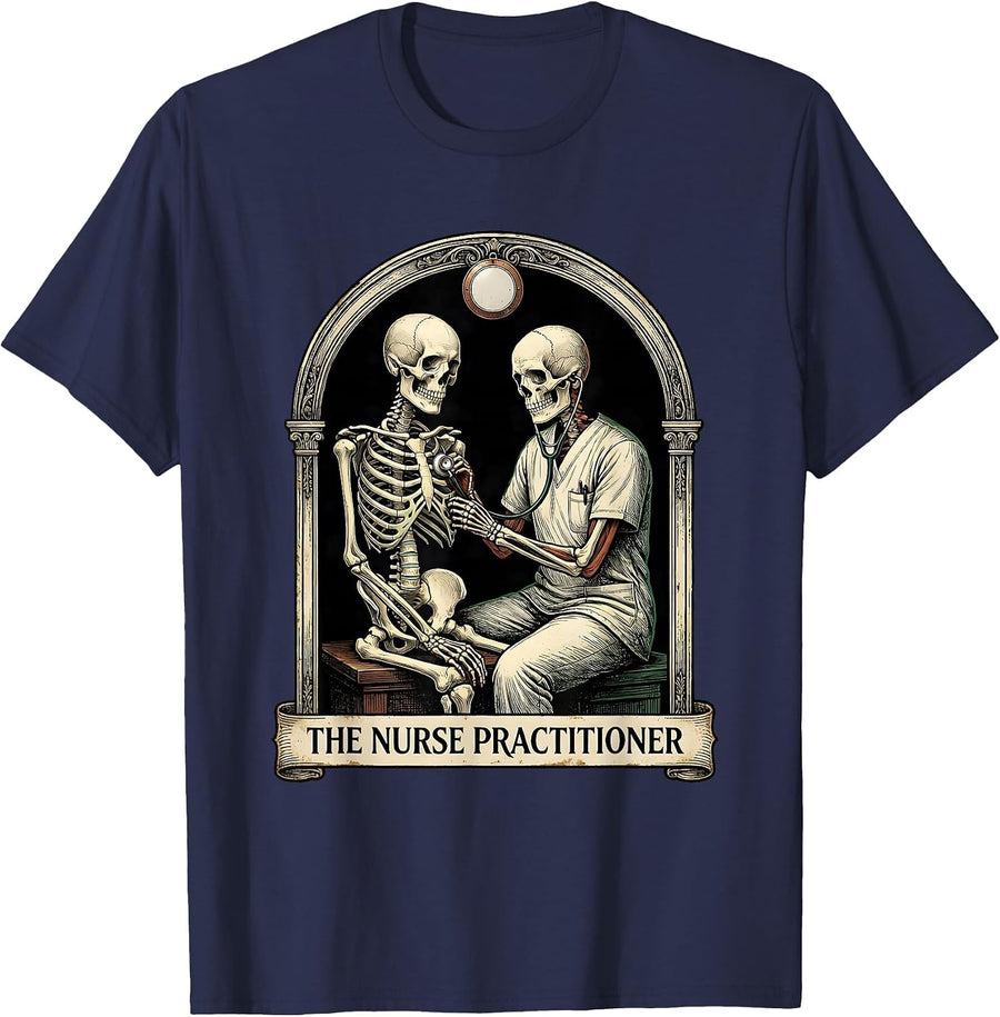 The Nurse Practitioner Vintage Skeleton Tarot Card Halloween T-Shirt - Navy Blue