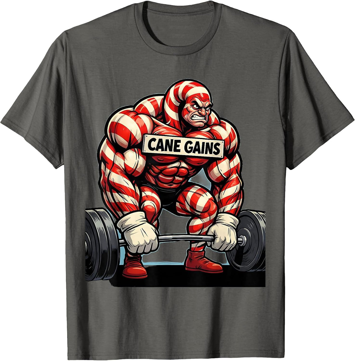 Cane Gains Funny Christmas Gym Bodybuilding Weightlifting T-Shirt - Asphalt Grey