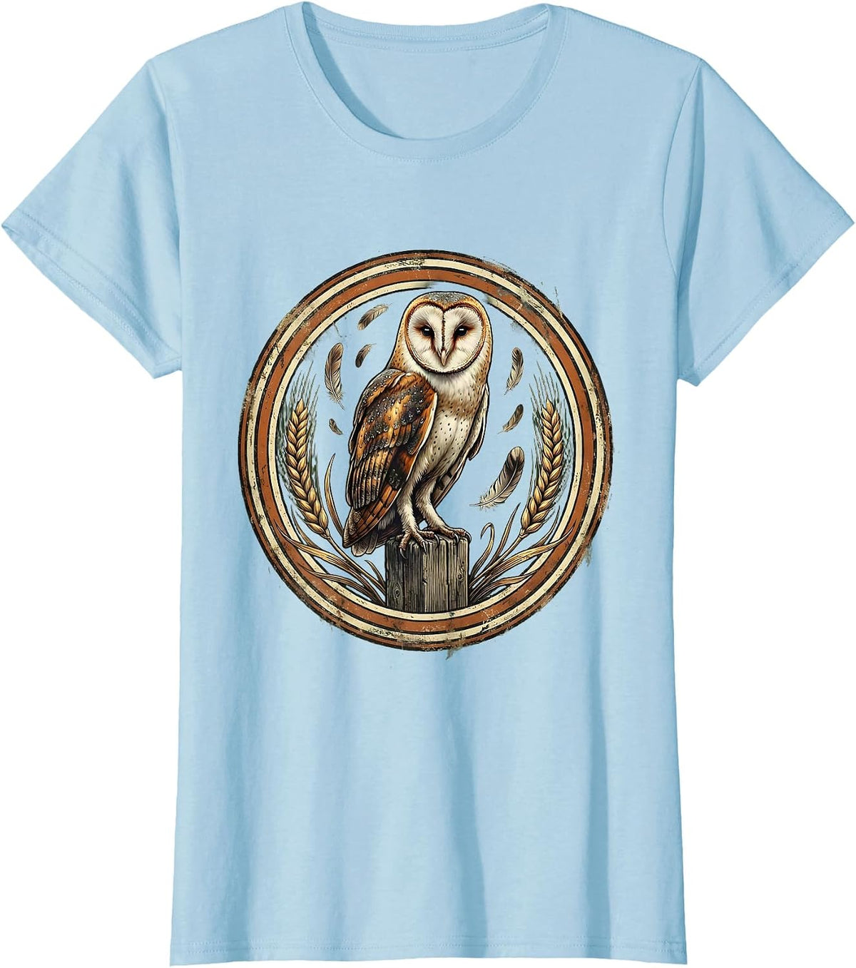 Barn Owl Perched on Fence Post Illustration T-Shirt - Baby Blue