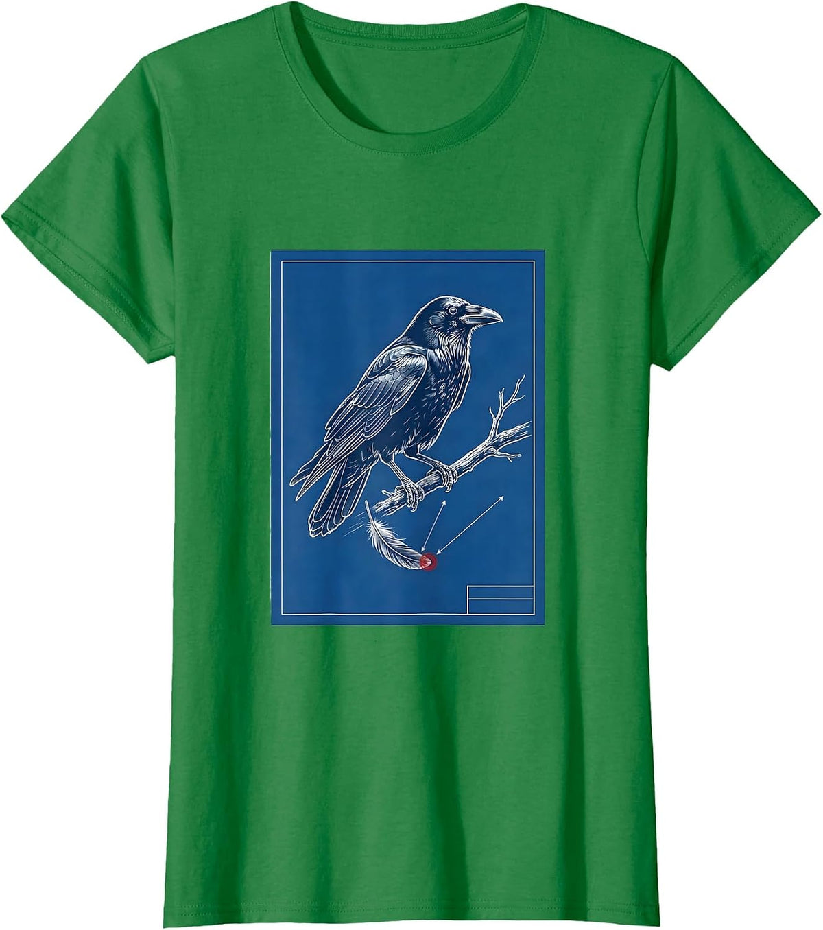 Women's Perched Crow Technical Blueprint Dark Humor Gothic T-Shirt - Kelly Green