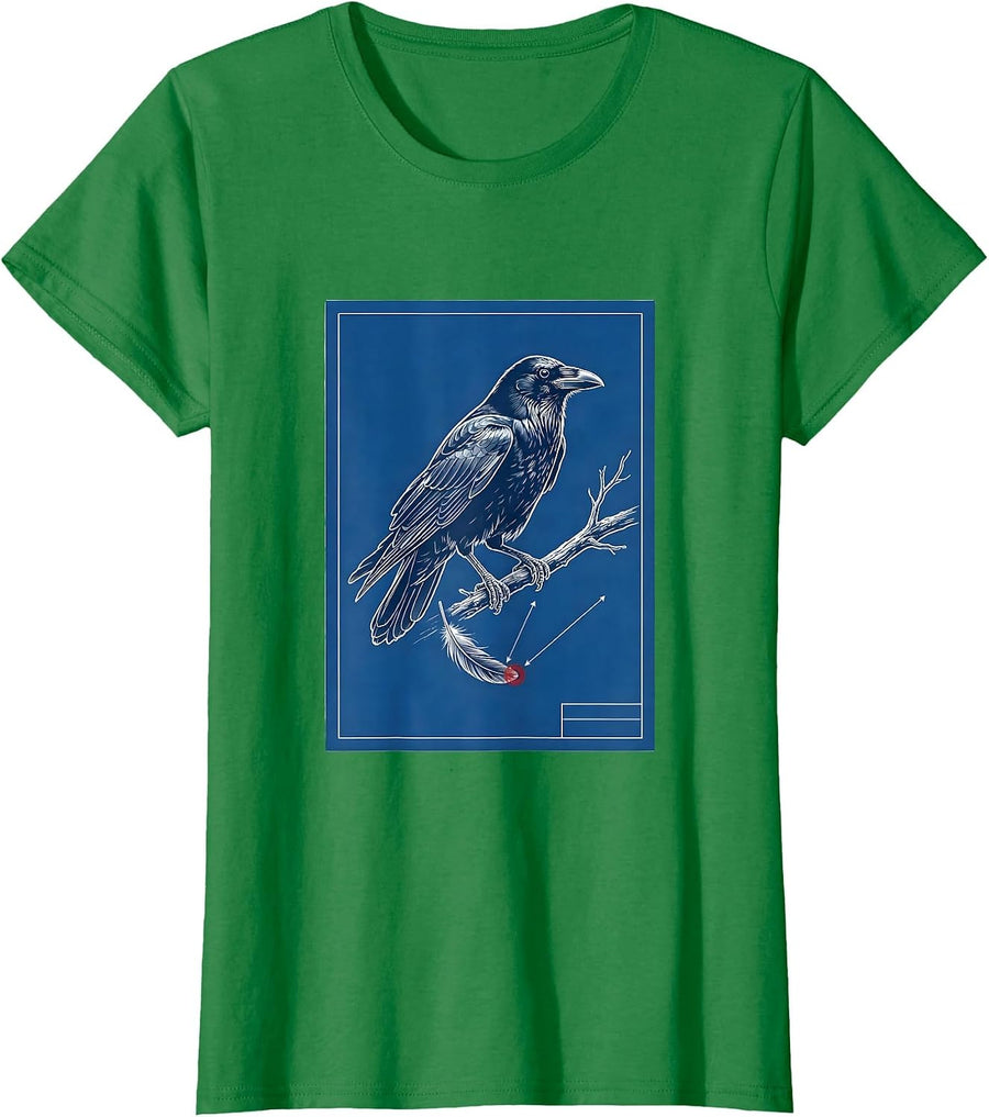 Women's Perched Crow Technical Blueprint Dark Humor Gothic T-Shirt - Kelly Green