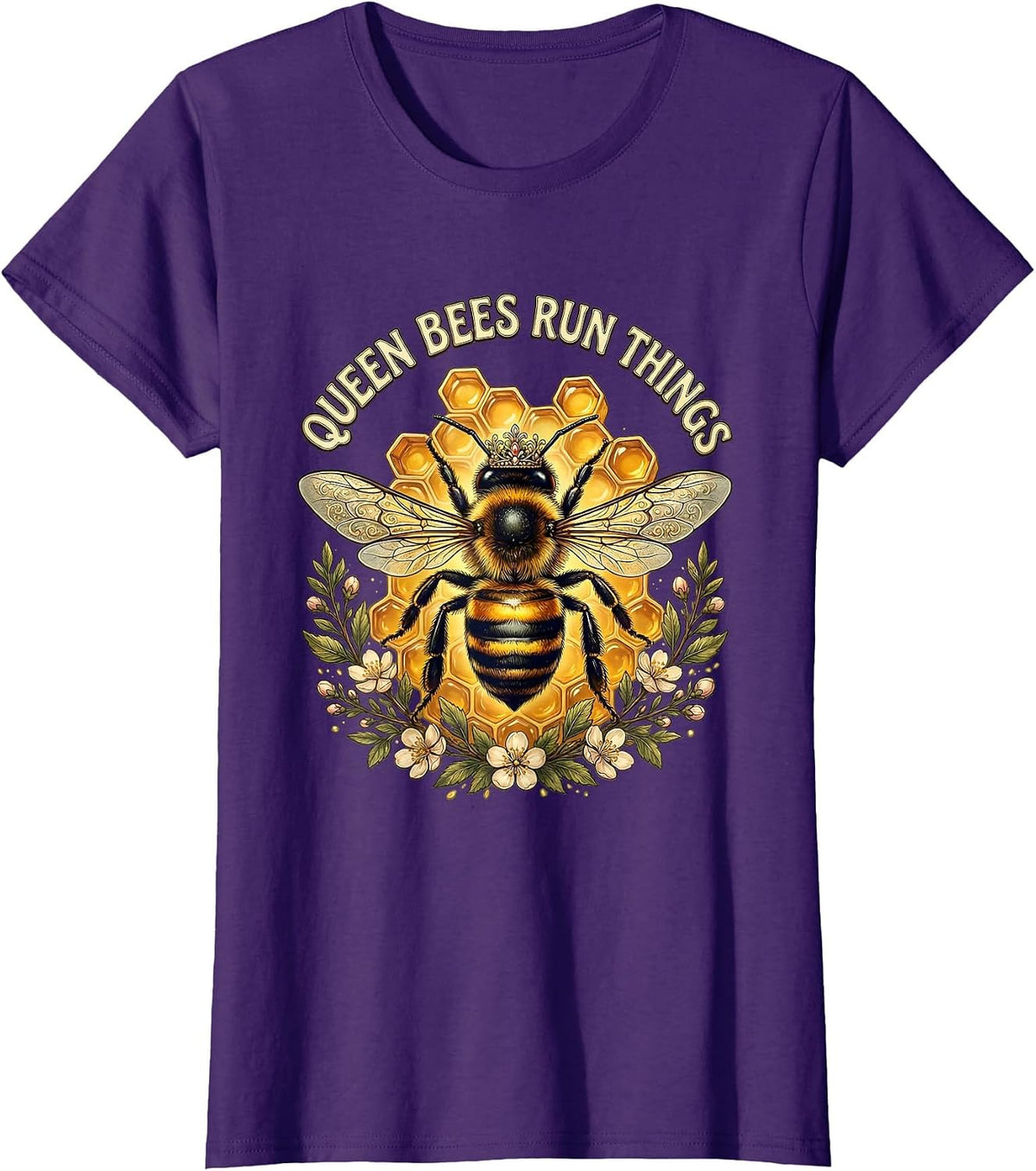 Women's Queen Bees Run Things Bold Bee Design T-Shirt - Purple