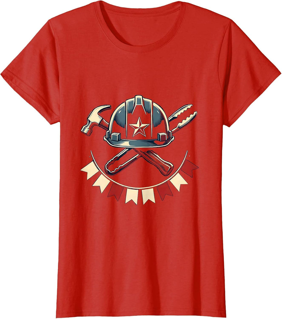 Labor Day Patriotic Emblem BBQ Worker Helmet Star T-Shirt - Red