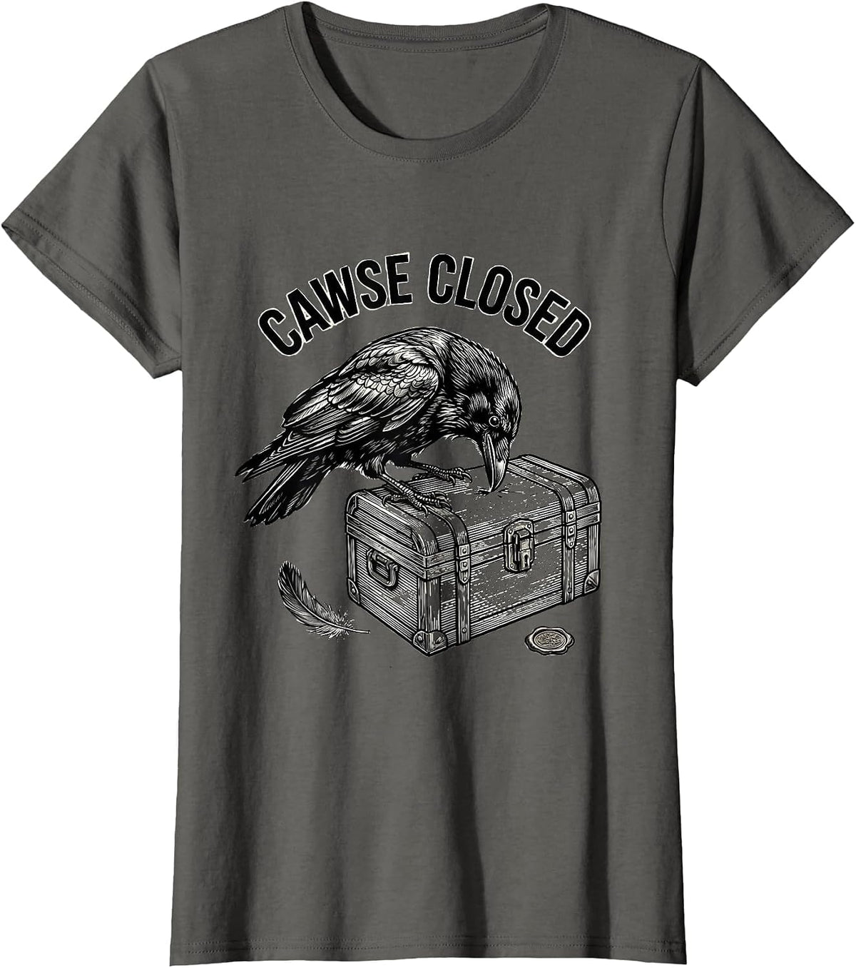 Women's Cawse Closed Line Art Dark Humor Gothic Crow Lover T-Shirt - Asphalt Grey