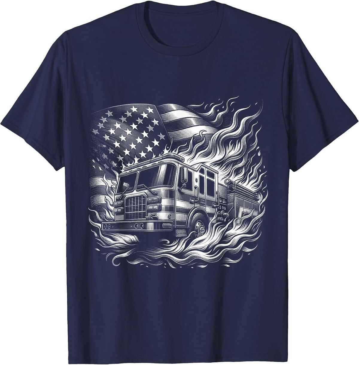 Firefighter Patriotic Fire Truck Fireman American Flag T-Shirt - Navy Blue