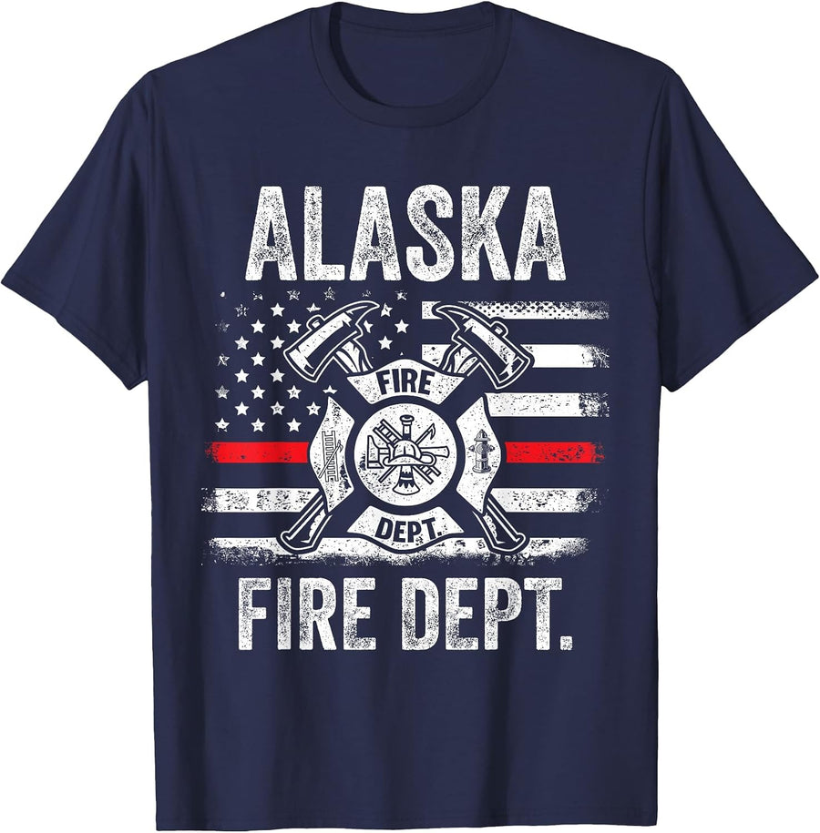 Alaska Fire Department Thin Red Line Fireman T-Shirt - Navy Blue