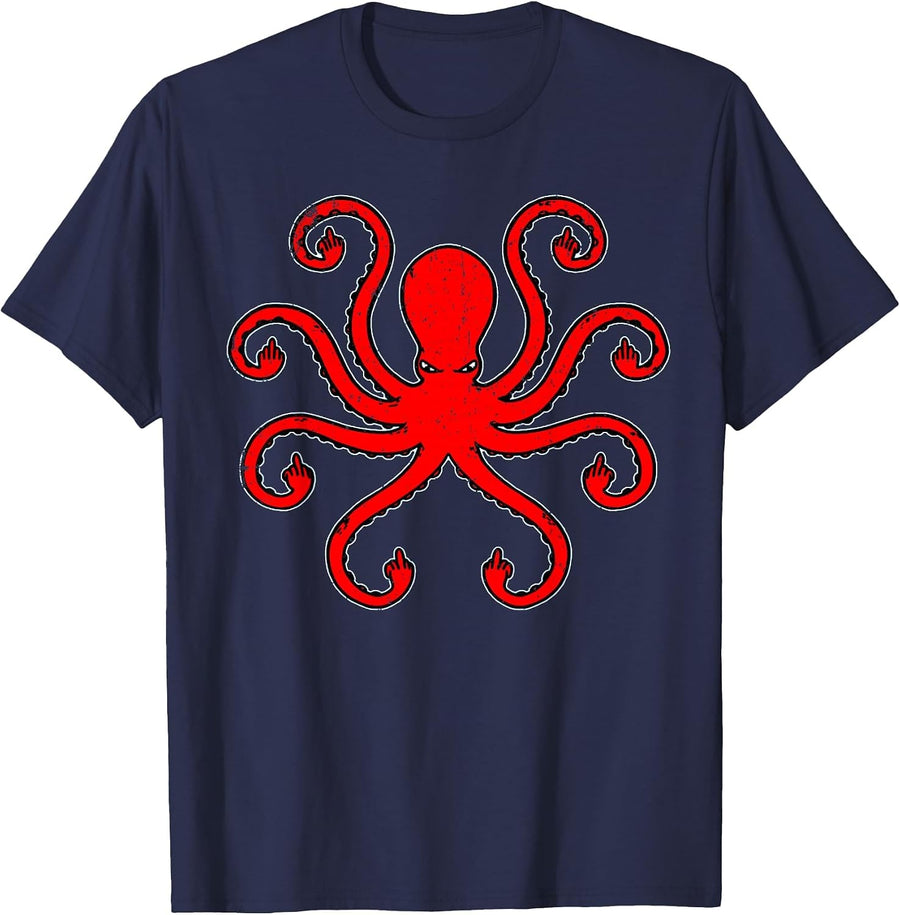 Vintage Octopus Funny Shirt Octopus Middle Fingers T-Shirt - Navy Blue
