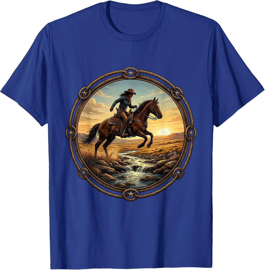 Cowgirl Horse Jumping Over Creek Illustration T-Shirt - Royal Blue