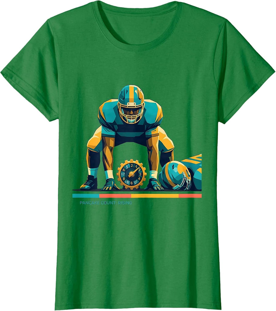Women's Pancake Count: Rising Flat Vector Football Lineman Humor T-Shirt - Kelly Green