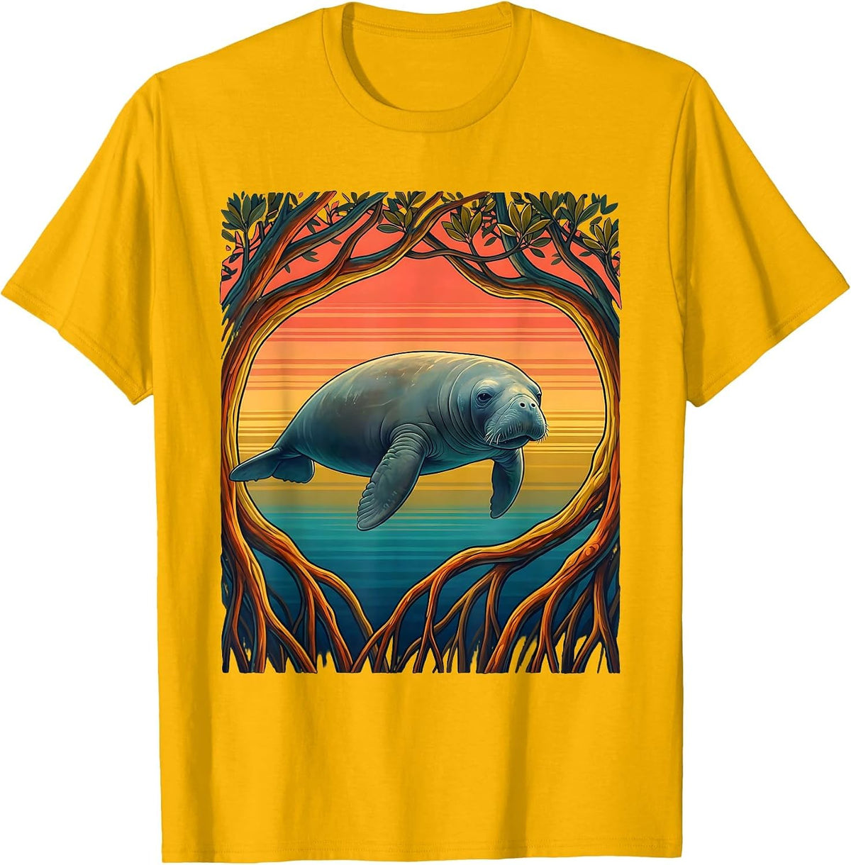 Puerto Rico Manatee Mangrove Roots Illustration T-Shirt - Golden Yellow