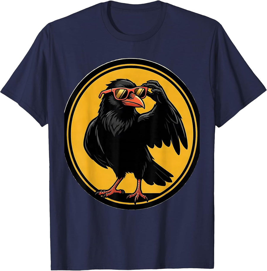 Crow Cartoon Cool Graphic Tee Novelty T-Shirt - Navy Blue