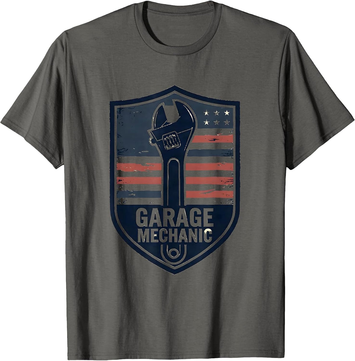 Men's Garage Mechanic Stencil Graphic Patriotic Mechanic Gift T-Shirt - Asphalt Grey