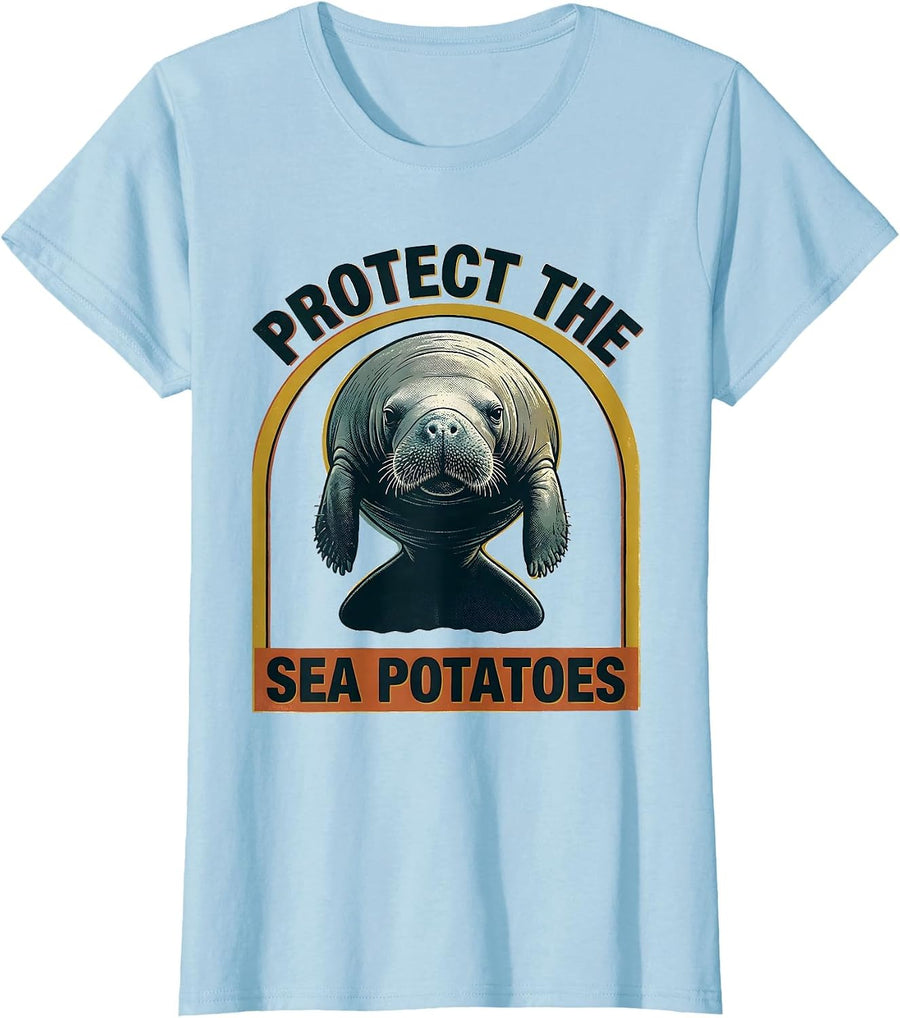 Women's Protect The Sea Potatoes Funny Manatee Sea Cow Animal Lover T-Shirt - Baby Blue