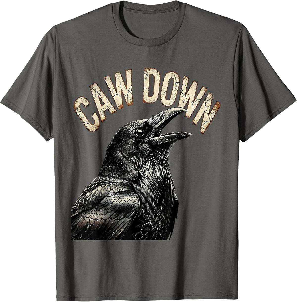Caw Down Distressed Crow Gothic Bird Pun Humor T-Shirt - Asphalt Grey