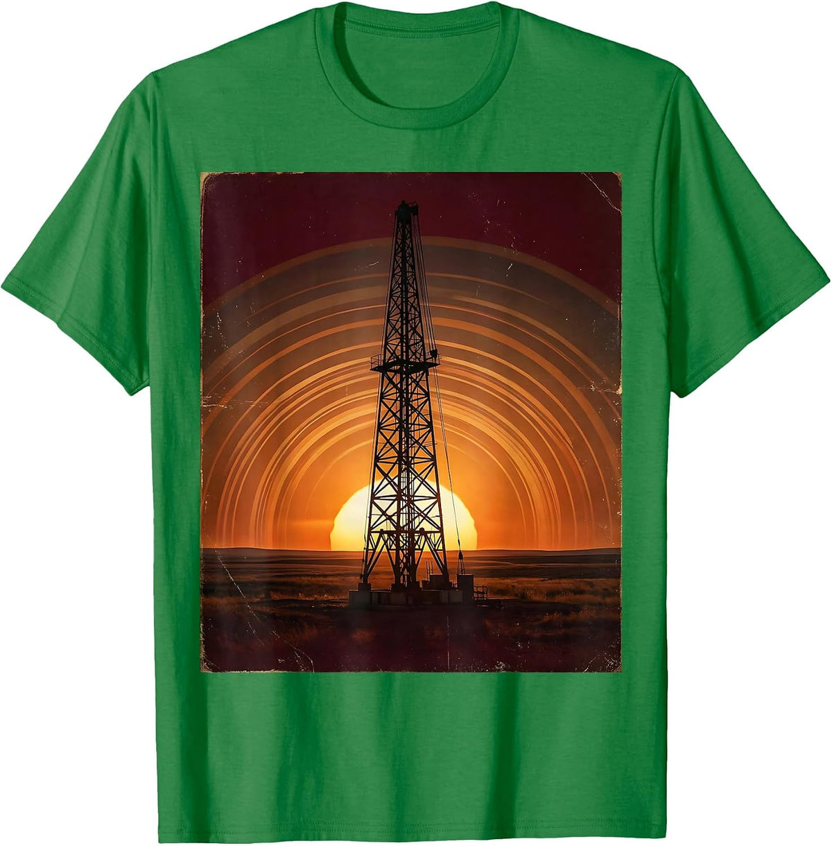 Men's Oil Derrick Silhouette Red Sky USA Graphic T-Shirt - Kelly Green