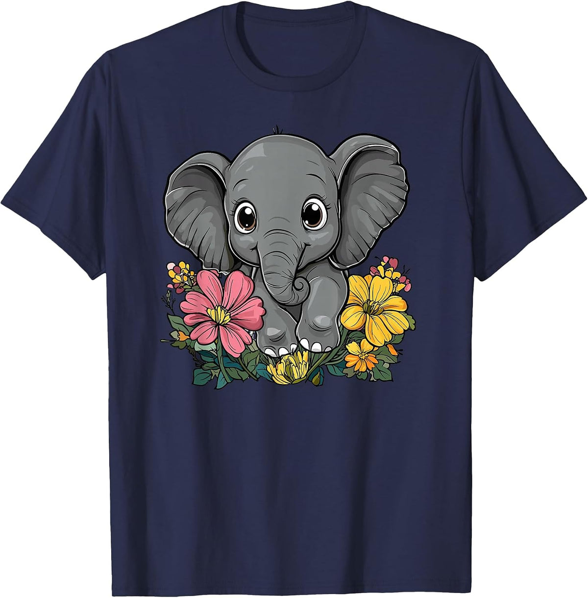 Cute Elephant Surrounded By Flowers T-Shirt - Navy Blue