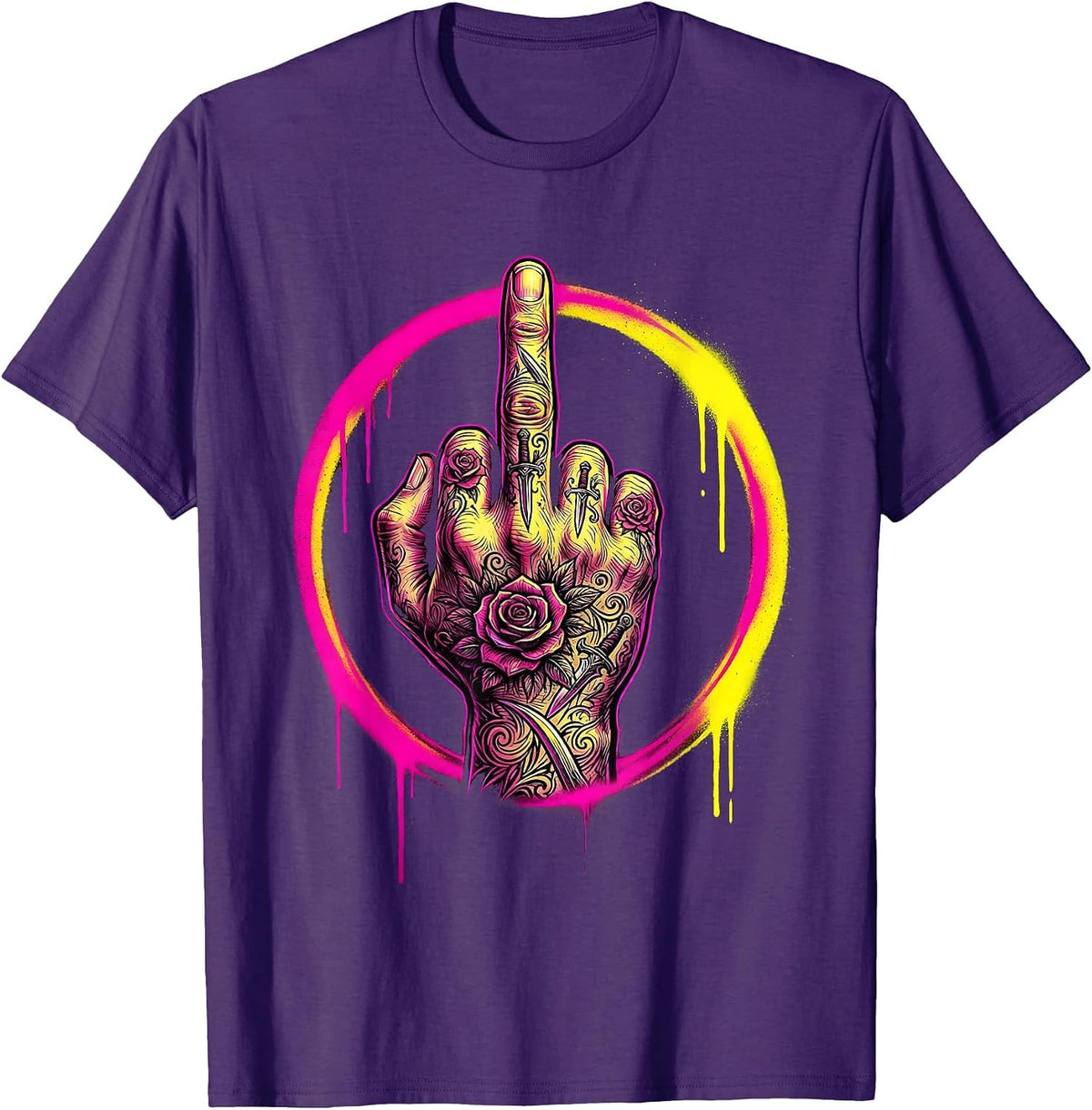 Men's Ornate Tattoo Middle Finger Graphic Design T-Shirt - Purple