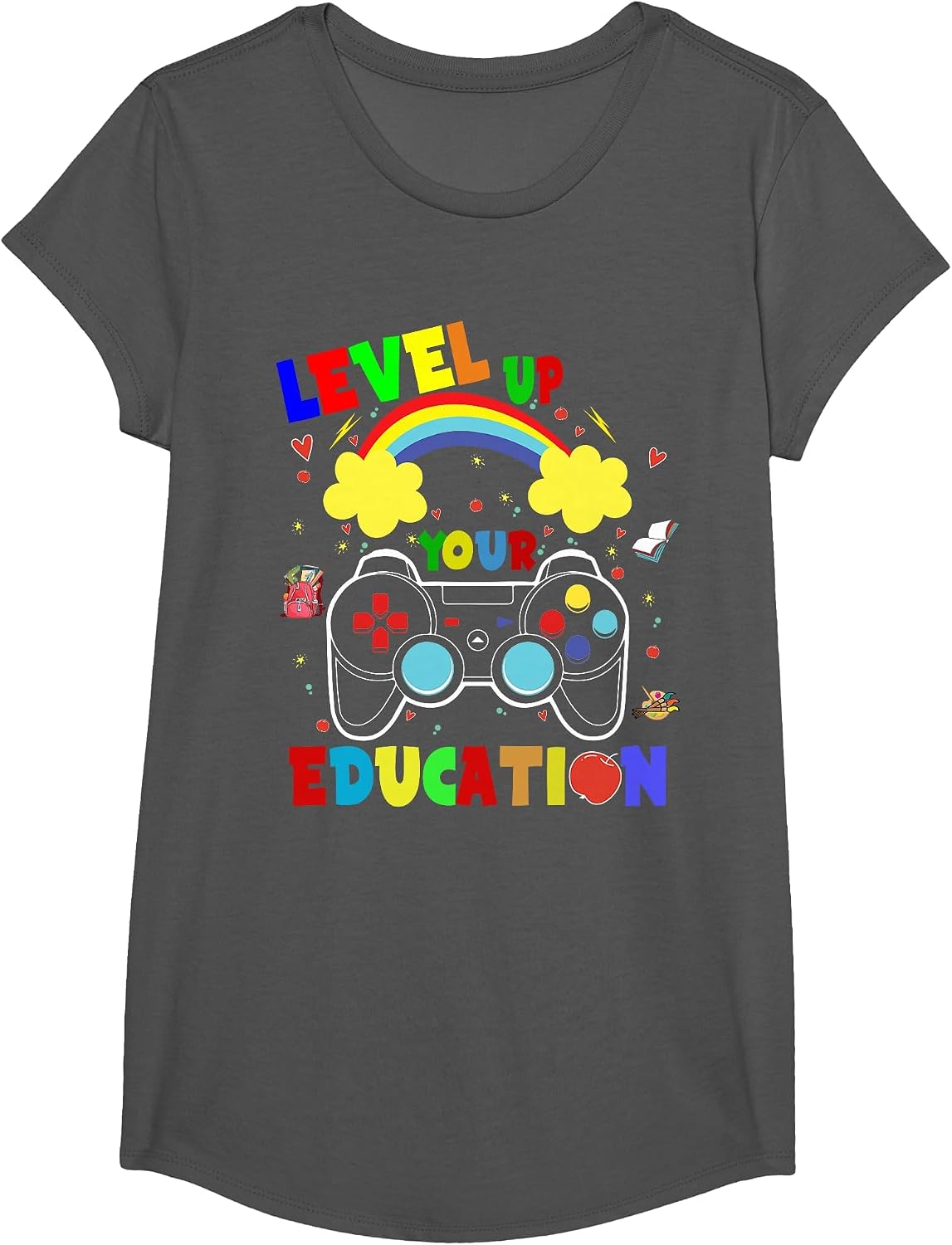 Level Up Your Education Gaming Inspired Teacher Gamers T-Shirt - Girls Asphalt Grey