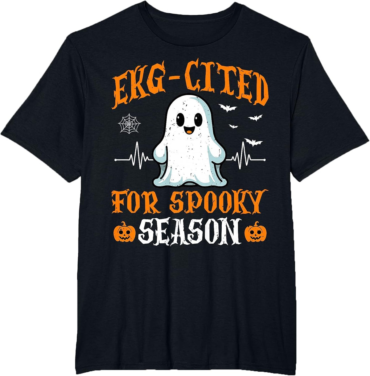 Heartbeat EKG Cited Spooky Cardiac Nurse Ghost Halloween T-Shirt - Black