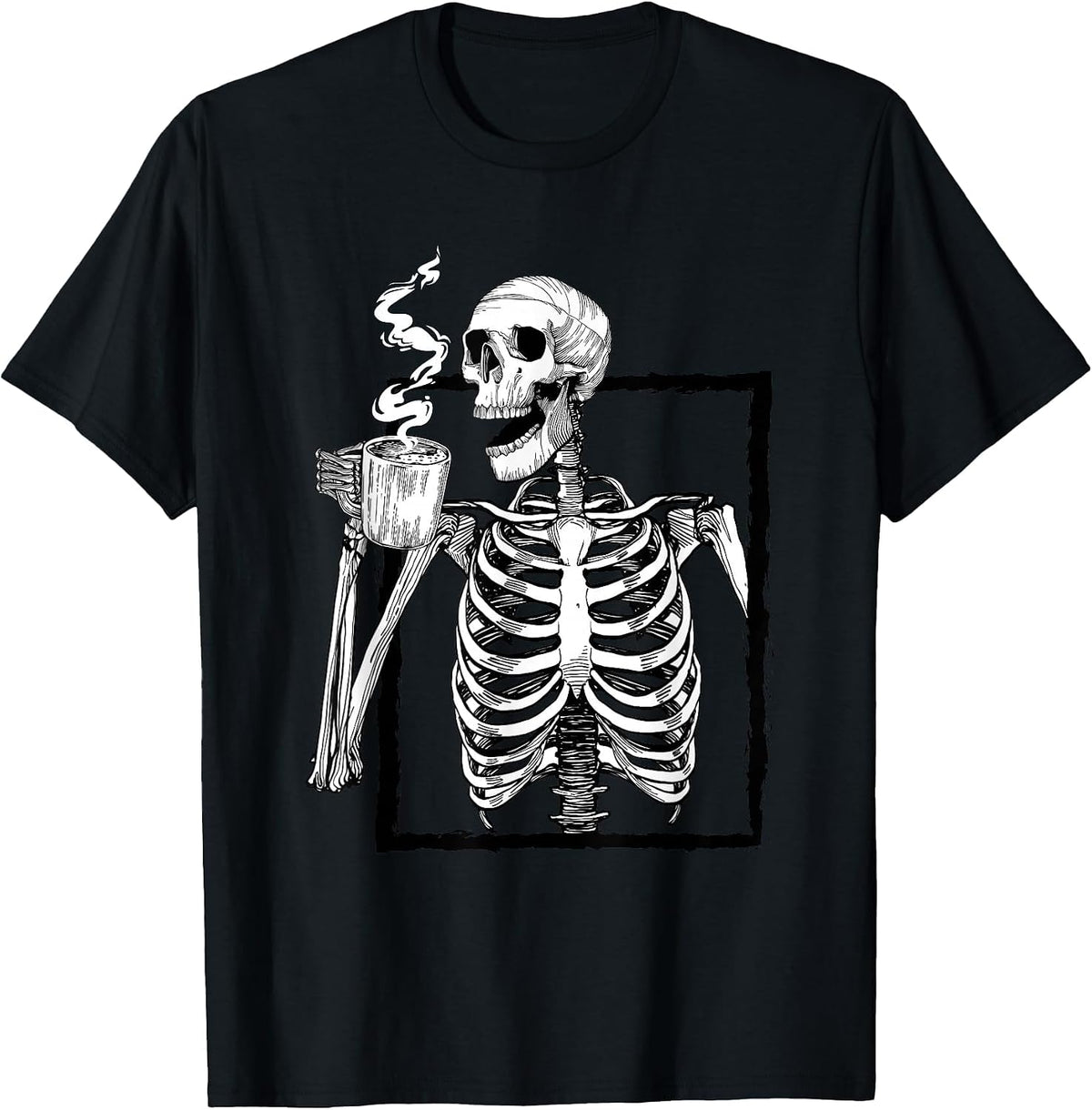 Skeleton Drinking Coffee Lover Funny Halloween Skull T-Shirt - Black