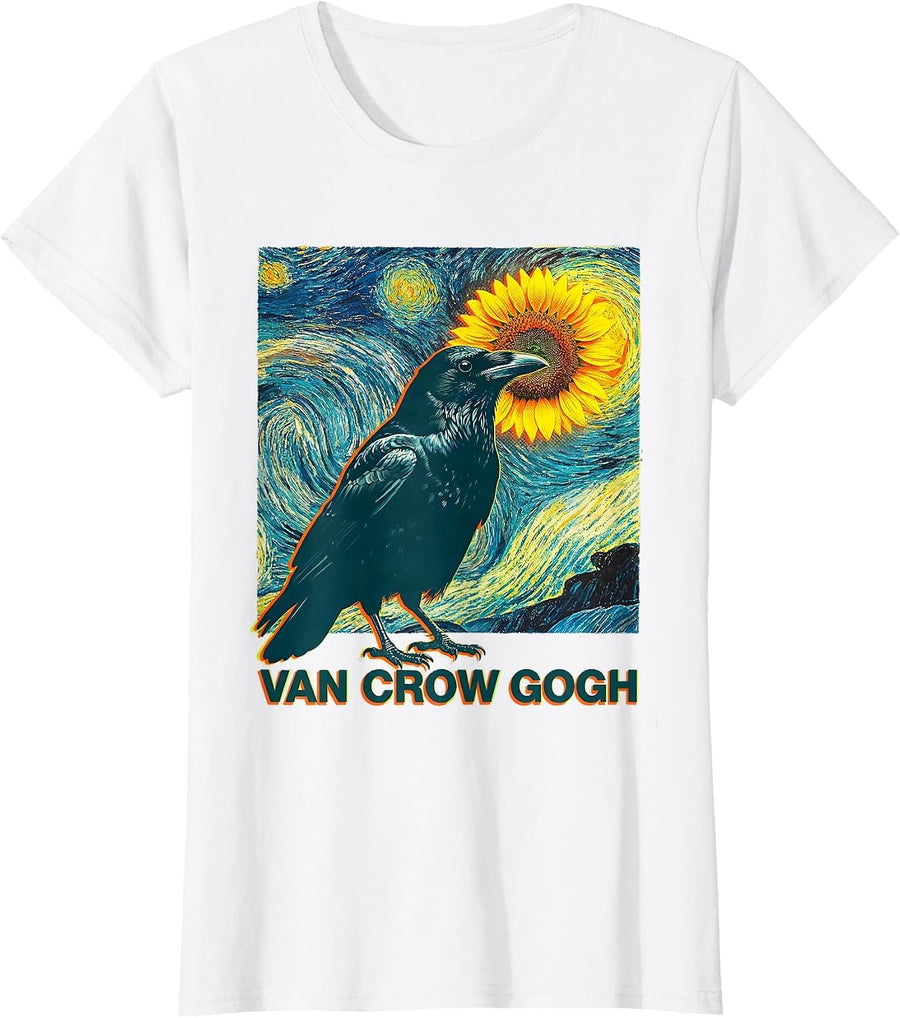 Women's Van Crow Gogh Risograph Art Meme Animal Lover Gift T-Shirt - White