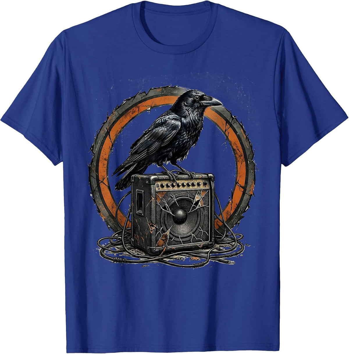 Grunge Crow on Broken Amplifier Illustration T-Shirt - Royal Blue