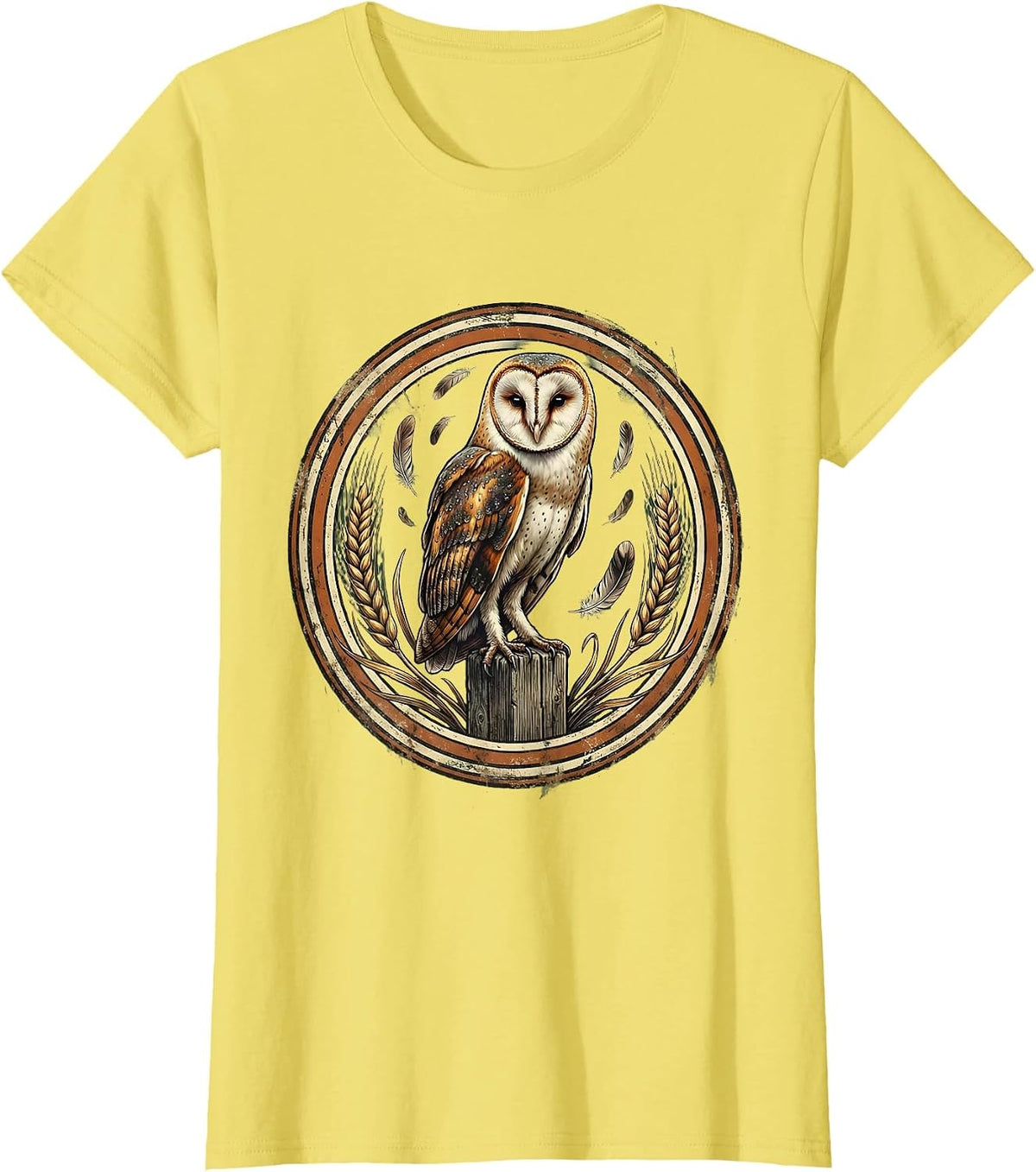 Barn Owl Perched on Fence Post Illustration T-Shirt - Lemon Yellow