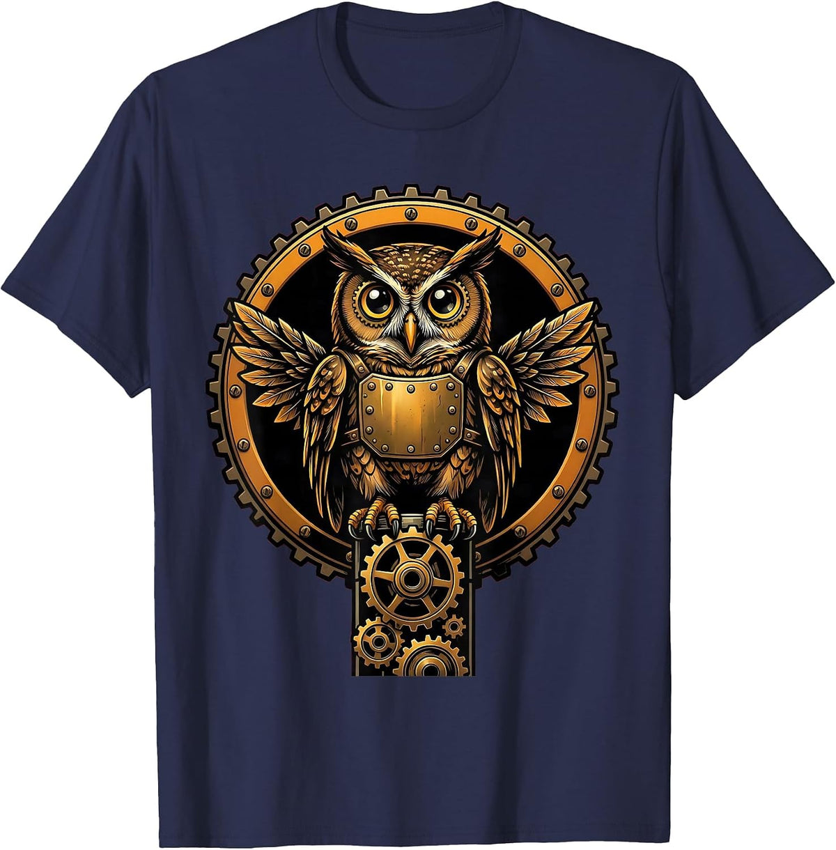 Men's Steampunk Mechanical Owl on Gear Stack Design T-Shirt - Navy Blue