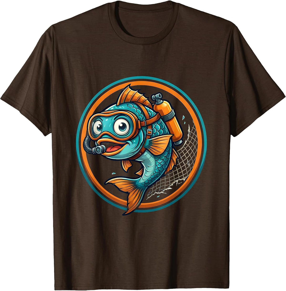 Funny Fish Scuba Diver Escaping Net Illustration T-Shirt - Brown