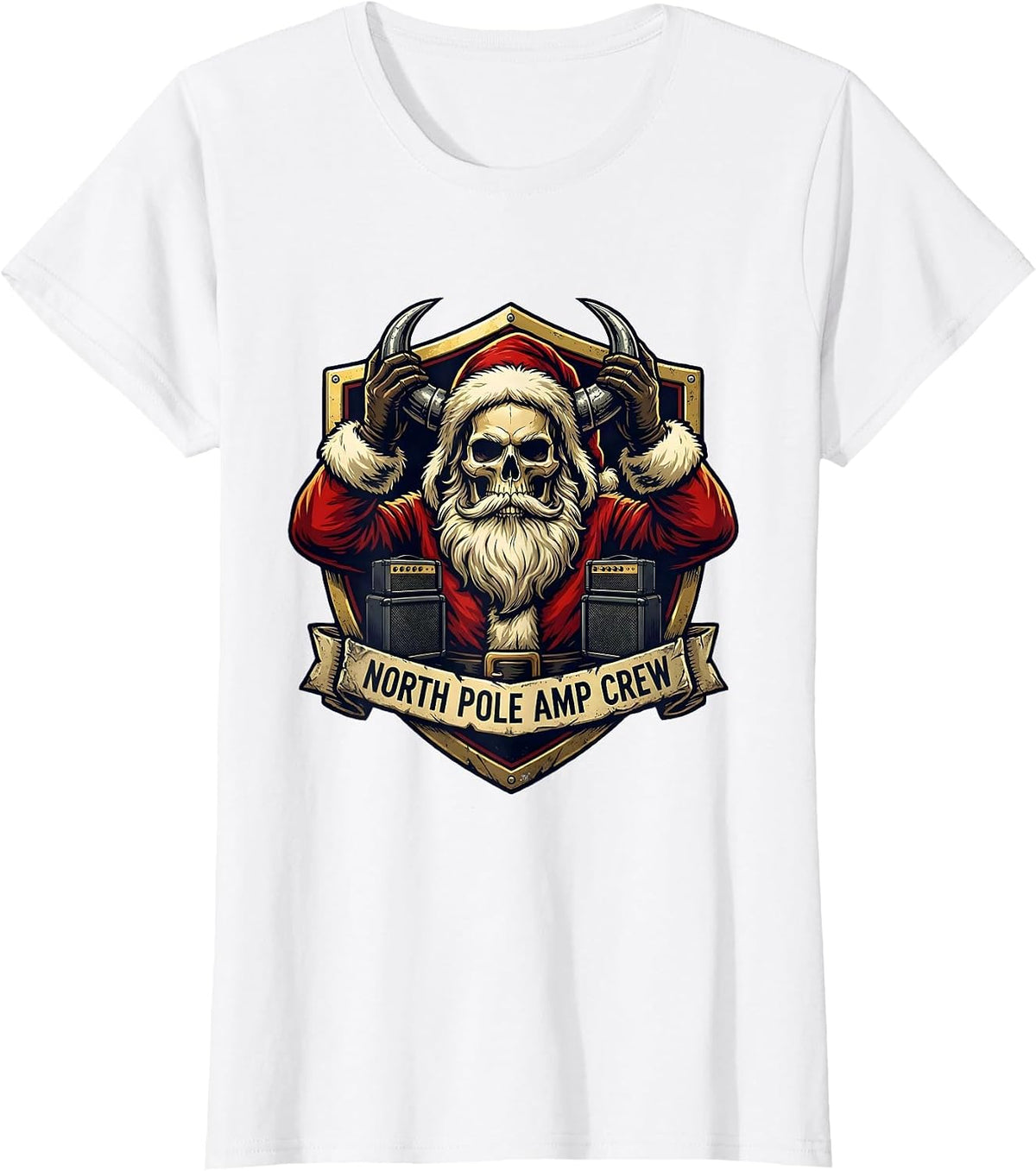 North Pole Amp Crew Emblem Funny Heavy Metal Christmas T-Shirt - White