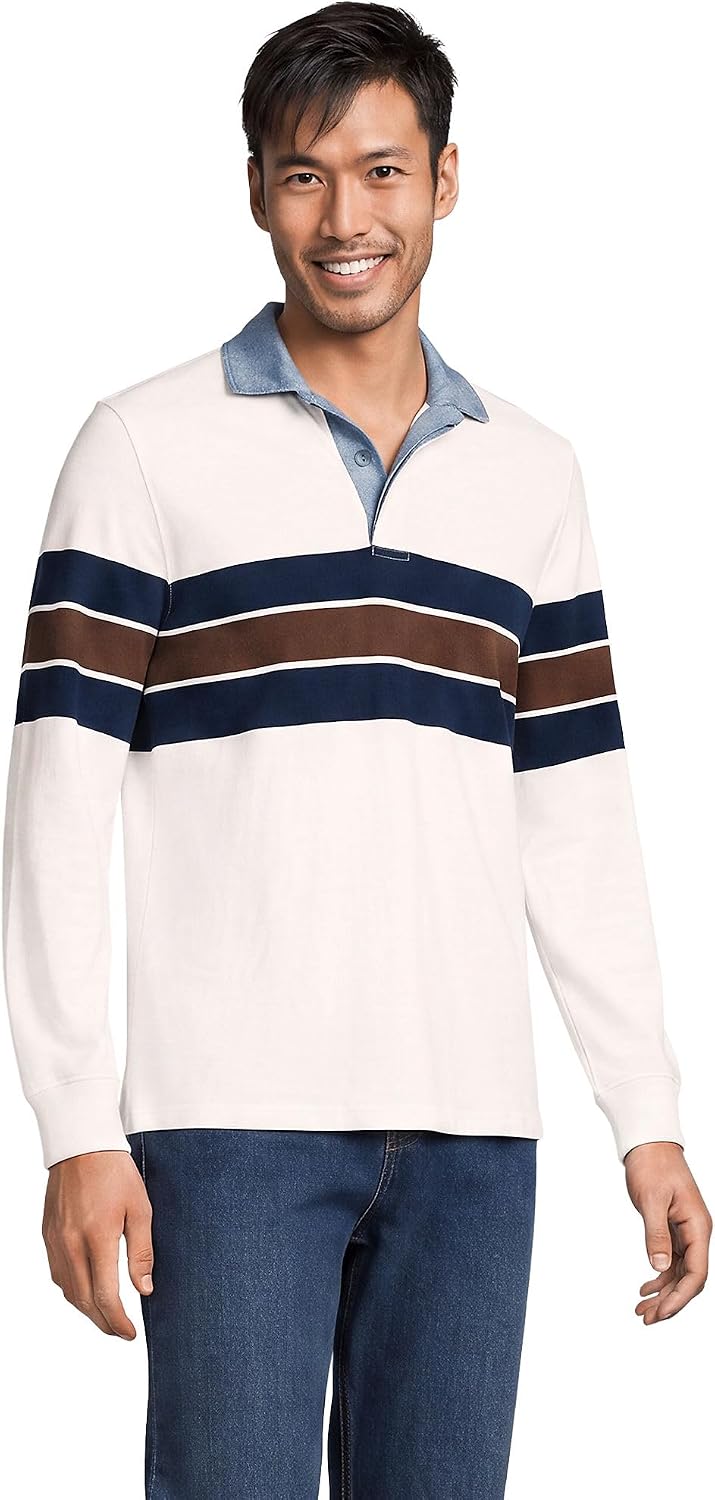 Lands' End Men's Long Sleeve Rugby - Ivory\/Navy\/Brown Stripe