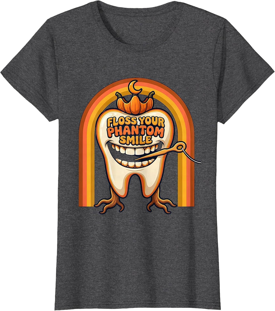 Women's Floss Your Phantom Smile Retro 70s Halloween Dentist Dental T-Shirt - Dark Heather Grey