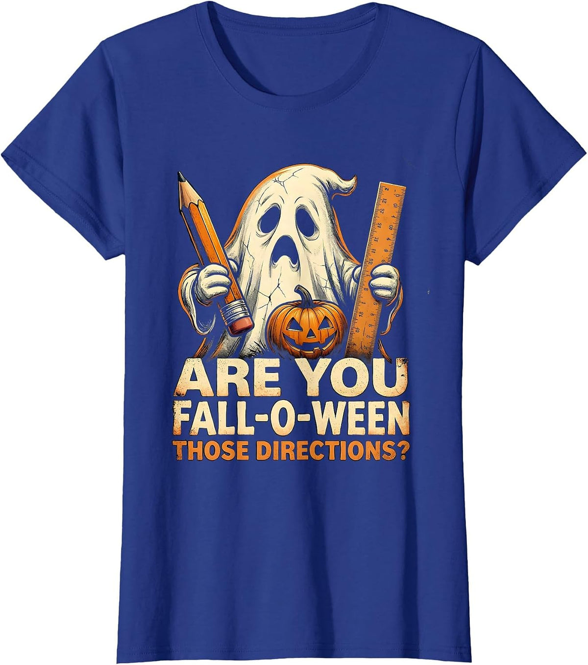 Women's Are You Fall-O-Ween Those Directions Distressed Teacher T-Shirt - Royal Blue