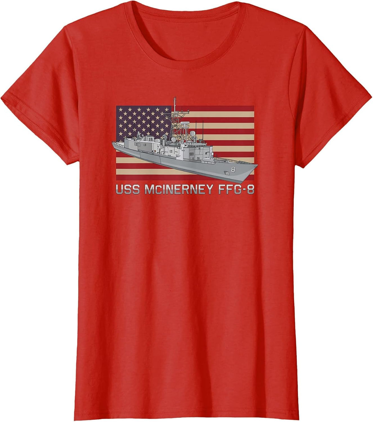 USS McInerney FFG-8 Ship Diagram American Flag T-Shirt - Red